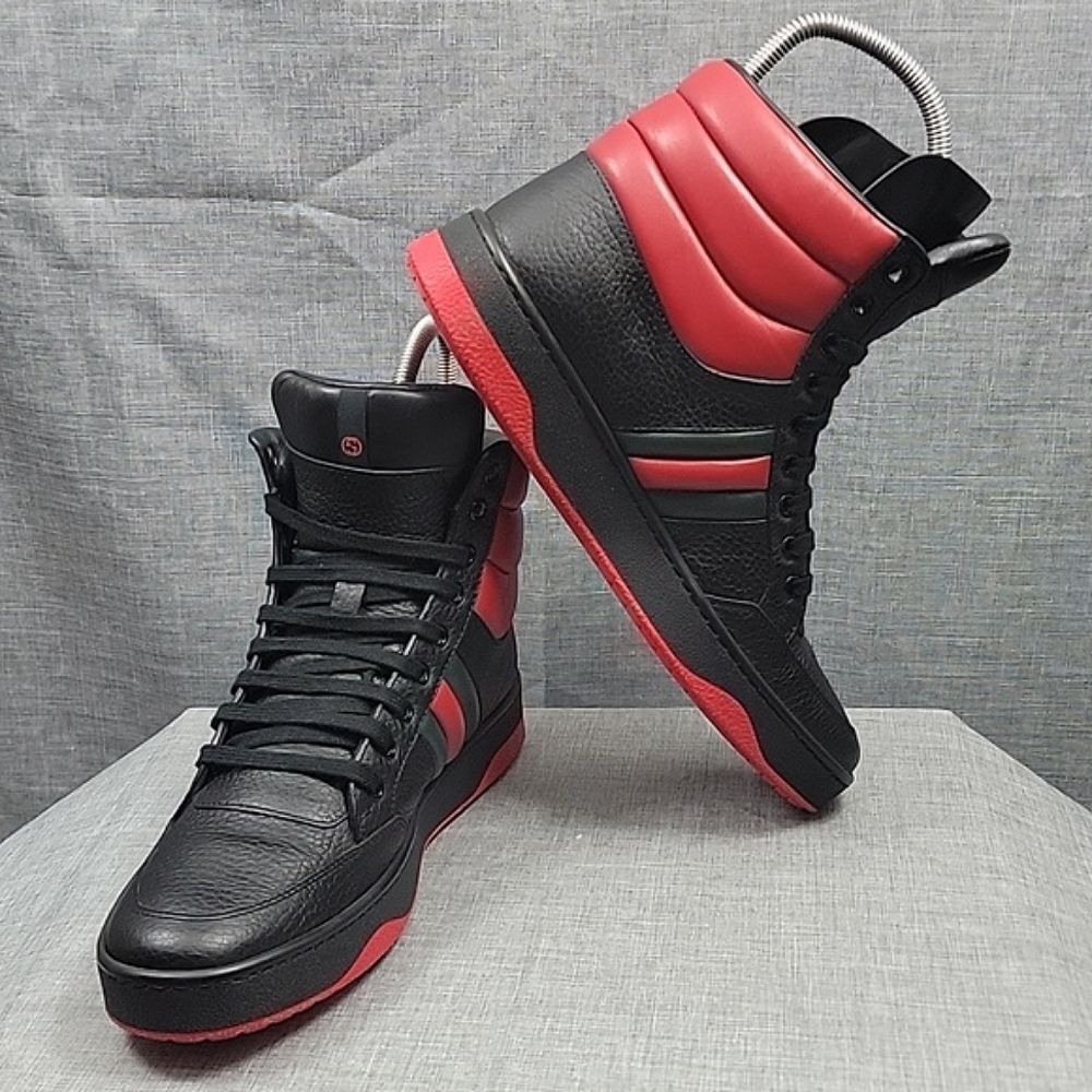 GUCCI Authentic Praga Karibu High Top Leather Sneakers Blk Red Women's 39.5 EUR
